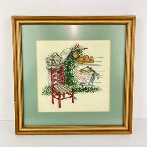 Framed Vintage Cross Stitch Potting Plants Country Cottage Americana